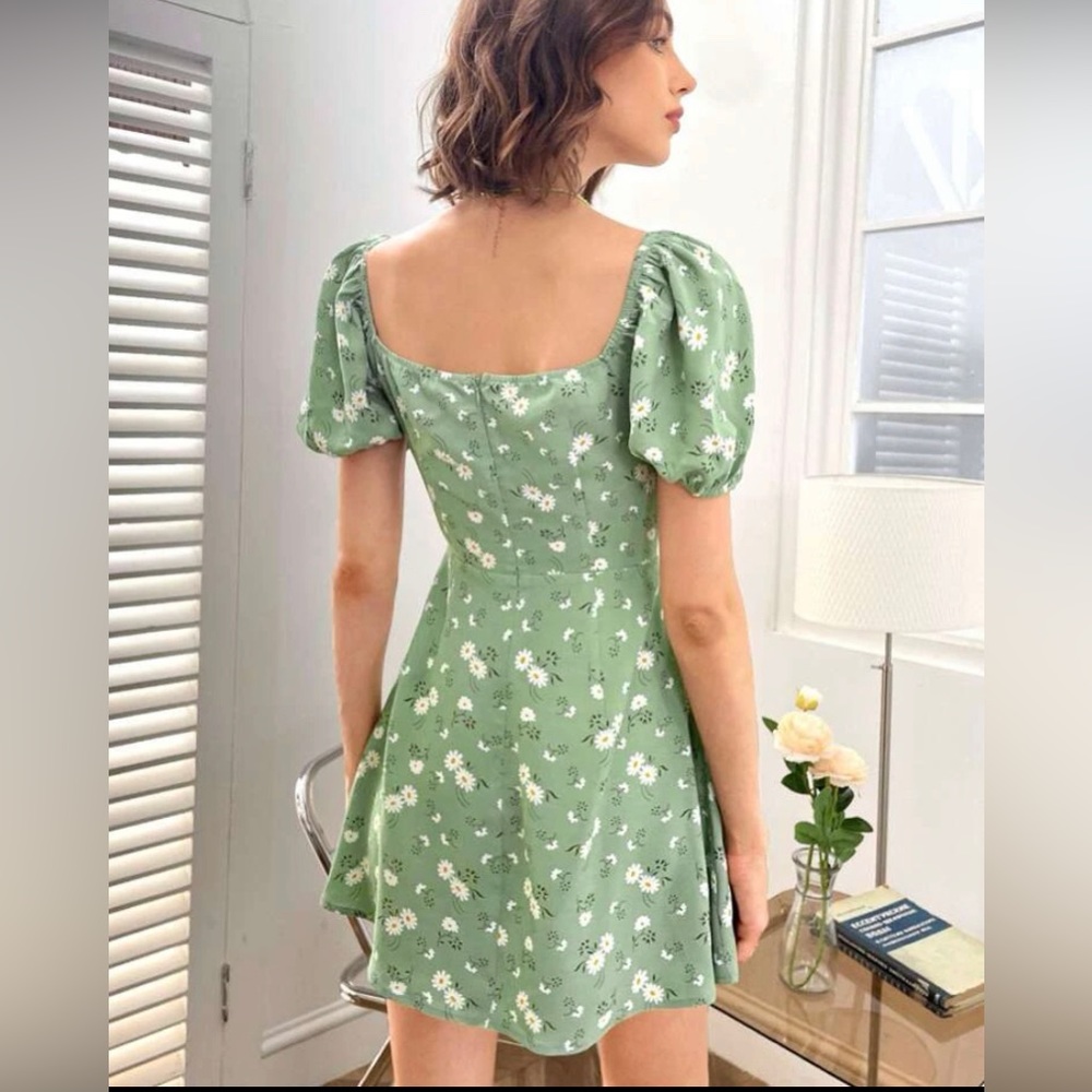 Shein mint green floral print ruched bust dress